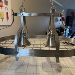 Hanging Pot And Pan Kitchen Rack Brushed Nickel With Dual Lights LIKE NEW