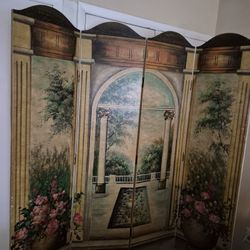 Vintage Victorian  French 4 Panel Room Wooden Mural  Divider