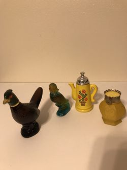 Vintage Set of 4 Empty Avon Bottles- 1 Pheasant, 1 Parrot, 1 Lamp, & 1 TeaPot Thumbnail
