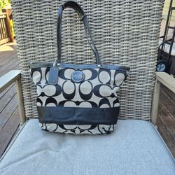 Coach F15112 Signature Stripe Tote Black Gray Jacquard Shoulder Bag