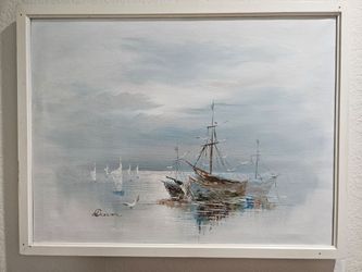 ​Original Sailing Ships Oil Painting on Canvas – Muted Harbor Scene