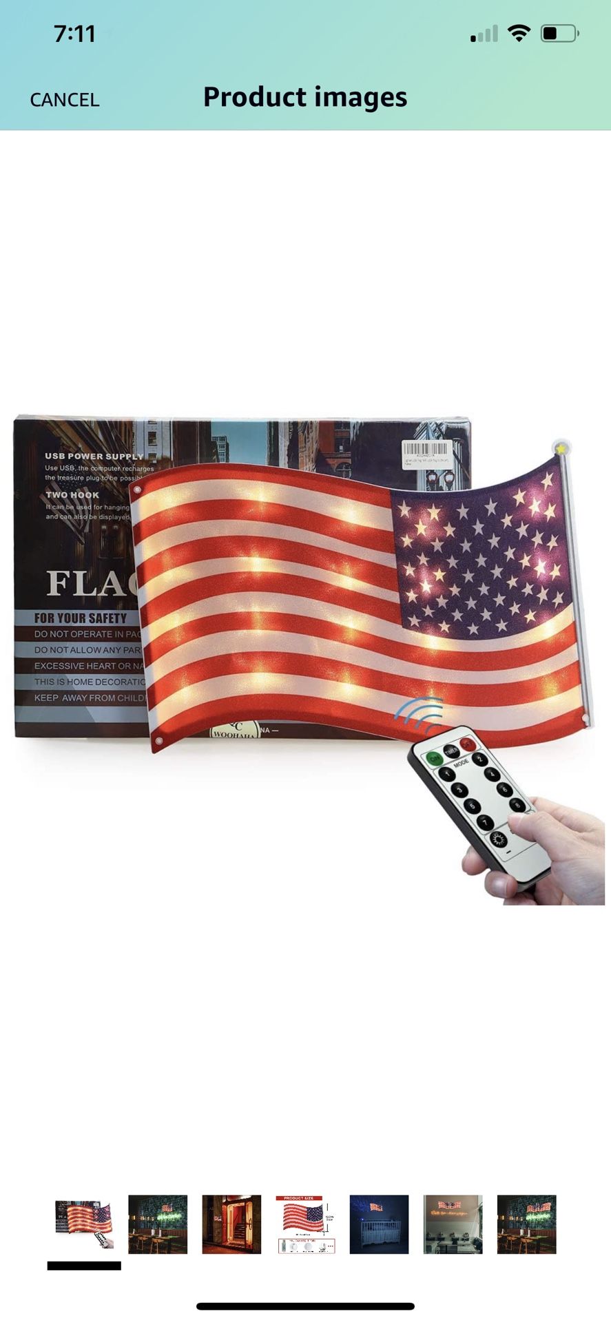 Lighted USA Flag 16.9’’X12.2’’, Advanced Flag Lights 8 Modes USB Operated with Remote( To The Right )