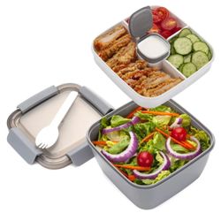 Freshmage Salad Lunch Container To Go, 52-oz Salad Bowls with 3 Compartments, Salad Dressings Container for Salad Toppings, Snacks, Men, Women (Grey)
