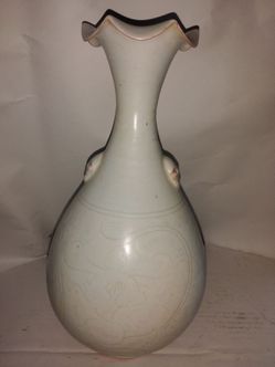 12" Double Mask Celadon Vase – Relief – Incised Korean? Chinese? Studio Pottery