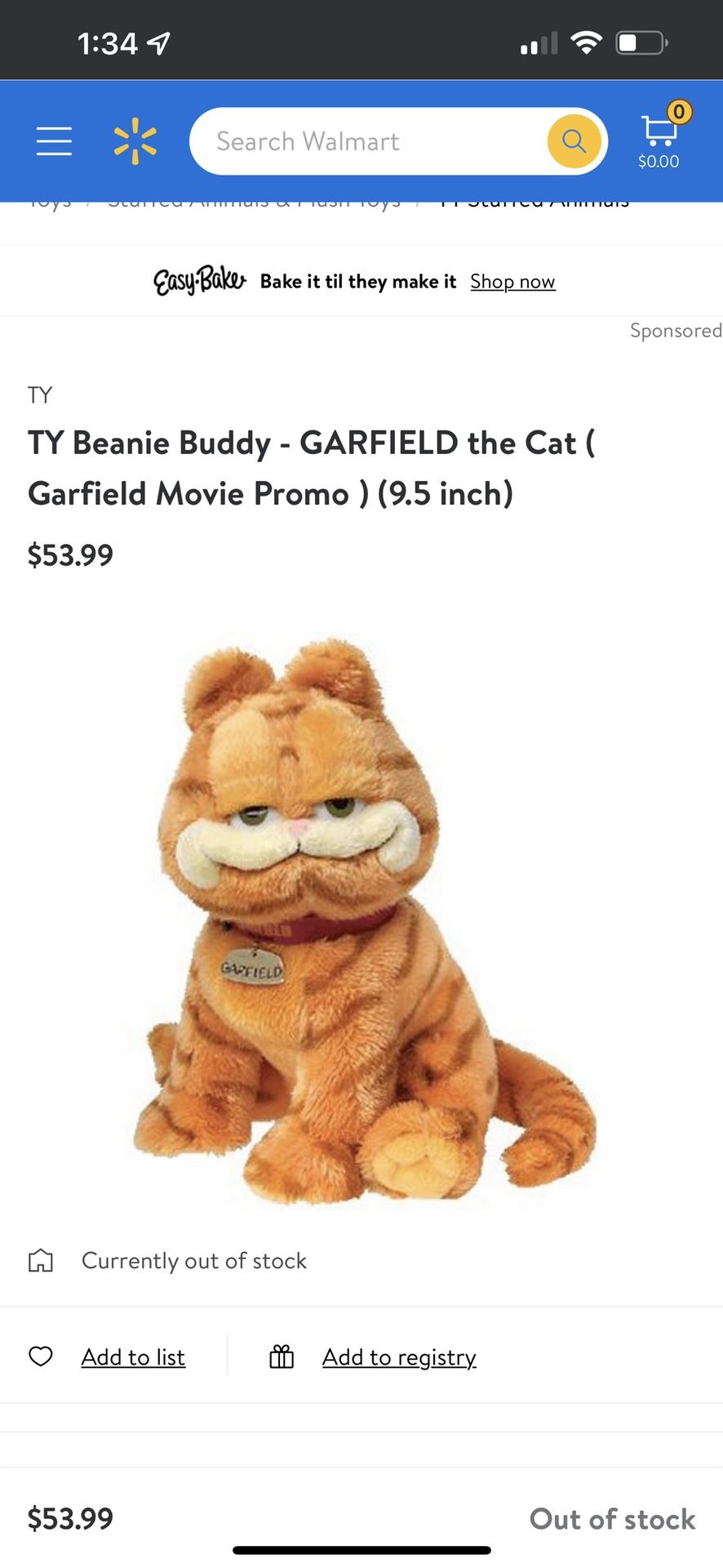 Ty Beanie Baby Collectible GARFIELD The Cat 