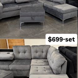 Velvet sectional with ottoman