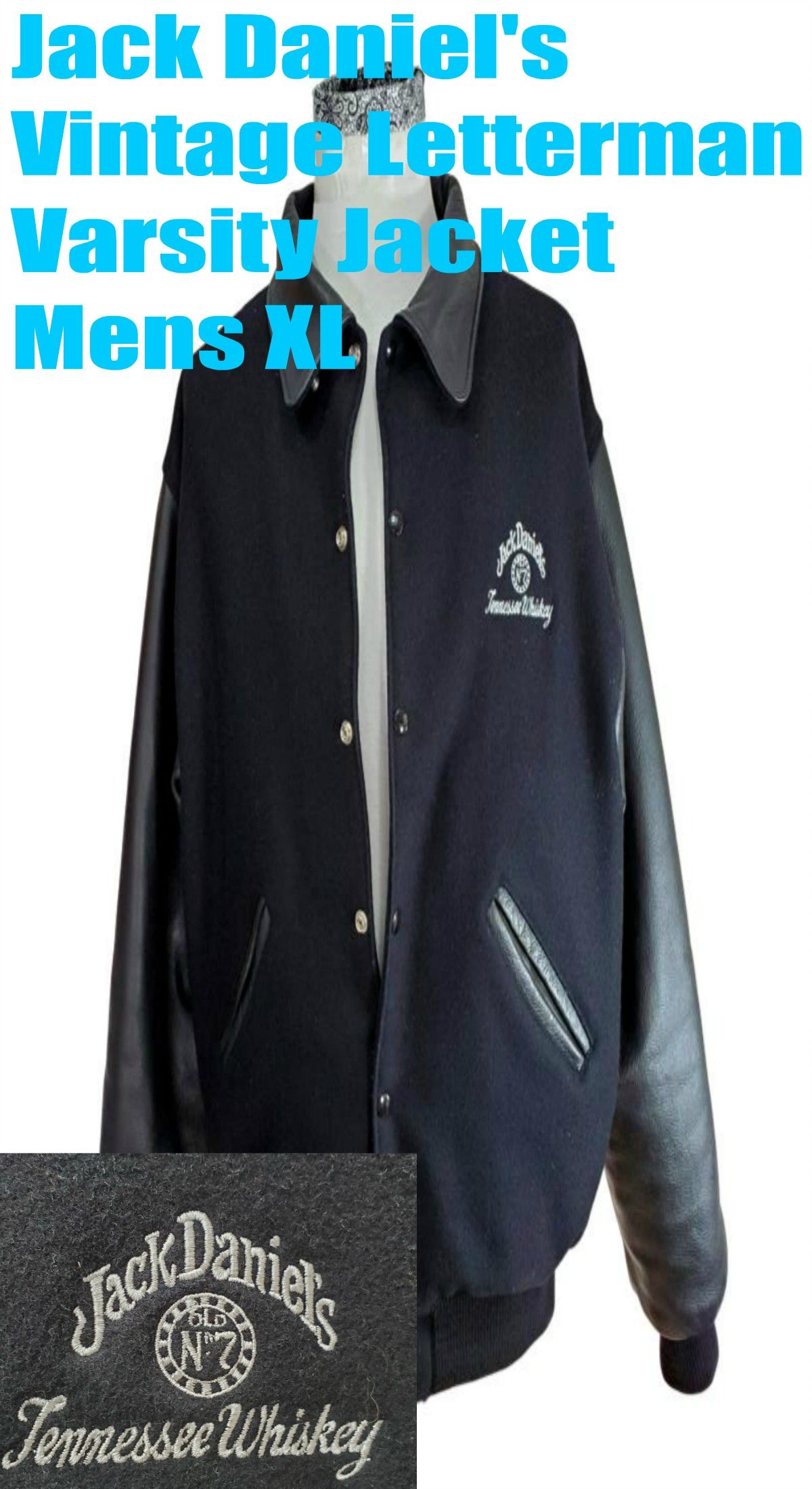 Jack Daniel's Vintage Varsity Leather Jacket Mens XL Letterman Black U.S.A. Made Jordan