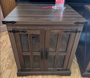 2 FARMHOUSE SIDE TABLES GLASS BARN DOORS RUSTIC WOOD W SHELF