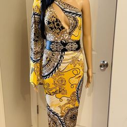 Yellow One Shoulder Midi Dress 