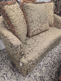 Regency Revival Green Fabric Settee with Tassel Ottoman (some rips )