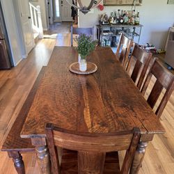 World Market Rustic Hammer Top Solid Wood Dining Table with 5 Chairs and Bench