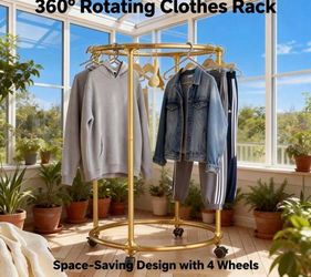 360° Rotatable Round Garment Rack With Wheels, Freestanding Clothes Storage Organizer For Bedroom Closet