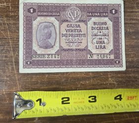 Italian 1 Lira Banknote 1918 by the Cassa Veneta dei Prestiti January 2, 1918