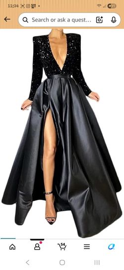 Women's V Neck Long Sleeves Sequined Evening Dress Black