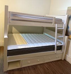 Full over Queen White Wood Bunk Bed with Storage Drawers