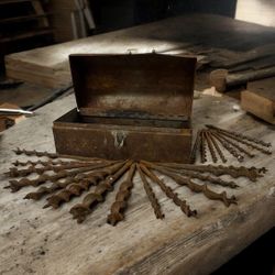 Antique Auger Drill Bit Set 29pc w/ Metal Storage Box Early Tool Lot 