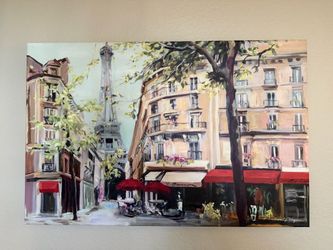 Large 40”x26” Paris Eiffel Tower Café Street Scene Canvas Painting / French Parisian Wall Art