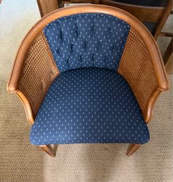 Cane Barrel Chair with Blue Tufted Upholstery