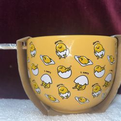 Sanrio Gudetama Yellow Gold & White ceramic Noodle Bowl With Chopsticks NWT NEW