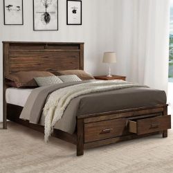Queen Size Bed Frame Farmhouse Metal Merrilee Drawer Shelf Storage in Oak Bed Frame.   Will Deliver For Small Fee