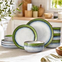 Dinnerware Set for 4, Green Reactive Glaze Plates and Bowls Sets 12-Piece Stoneware Dish Set, Handmade Ceramic Dinner Plate, Scratch Resistant, Microw