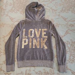 Victoria's Secret PINK Velour Bling Hoodie Gray Gold Women’s Size Small