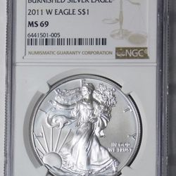 2011 W BURNISHED Silver Dollar  NGC Mint State 69