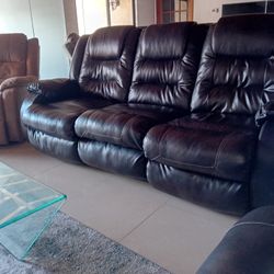 Two Sofas, Recliner & Glass Table