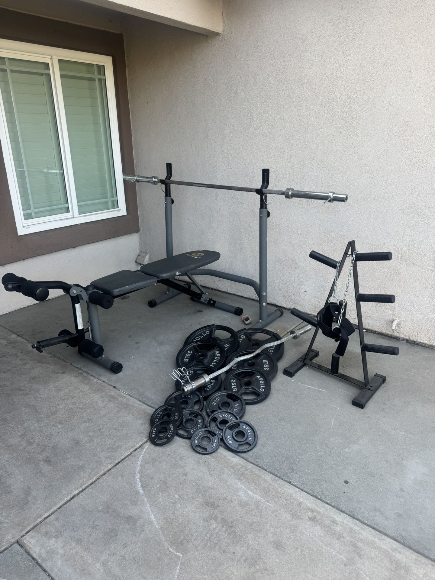 Bench press with 7ft 45lbs bar plus 255lbs of Olympic weights and curl bar and weights tree