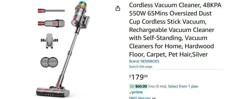 Cordless Vacuum Cleaner, 48KPA 550W 65Mins Oversized Dust Cup Cordless Stick Vacuu 