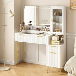 43" Vanity Desk with Mirror and Lights, Makeup Vanity Table with 4 Drawers, White Dressing Table for Bedroom, Fluted Makeup Desk with Modern Glass Top