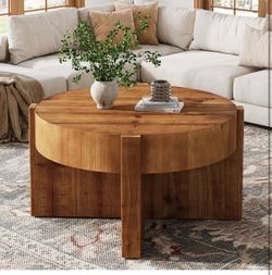 F2495 Solid Wood Round Coffee Table, 32 Inch Round Coffee Table for Living Room, Large Farmhouse Center Table with Thick Tabletop for Home, Easy Assem