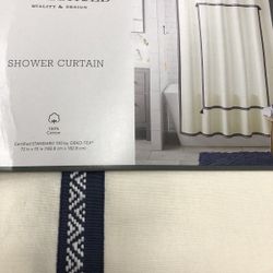 Threshold Navy Border Fabric Shower Curtain