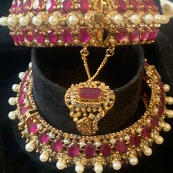 Gold Vermeil Ruby And Pearl Bracelet Set With Ring 925