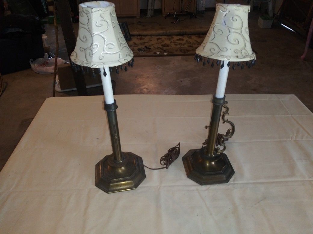 Set of two vintage bronze brass candle holder lamps