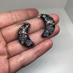 Black Opal Moon Earrings