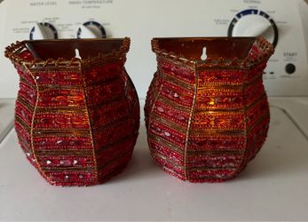 PartyLite Wall Mounted Tea Light hexagon Sconces Red/Gold Metal beads Set 2