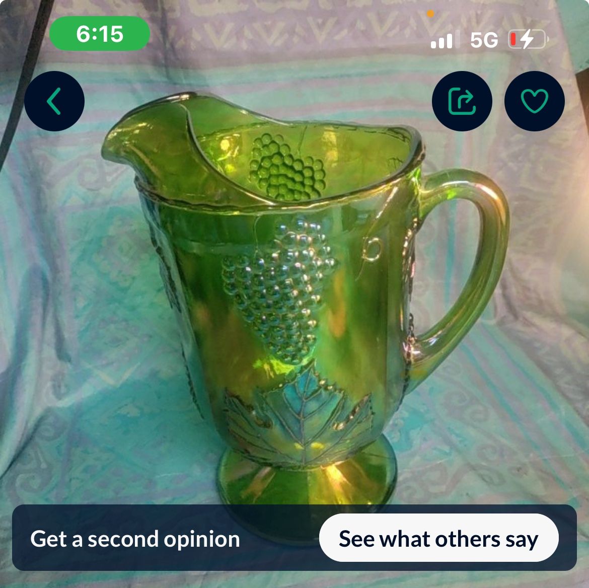 Green Carnival Glass Pitcher