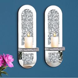Crystal Crushed Diamond Mirrored Candle Sconces Wall Decor Set of 2 Silver Glass Mirror Wall Candle Holder Bling Wall Decorations for Home Decor Livin