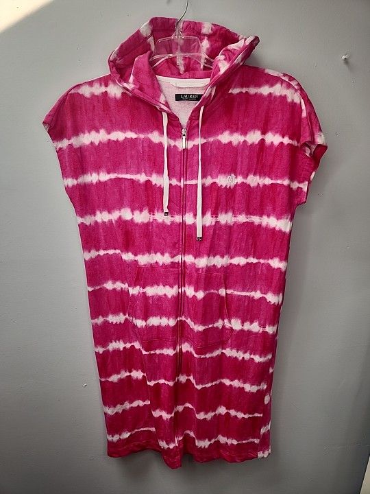 Lauren Ralph Lauren S Beach Cover Up Pink White Tie Dye Hoodie Dress Cover Up NEW