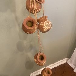 Set of 6 small 3.5 inch dangling pots w/ turtle design. Mexico. 38 inch w/ rope. Vintage/ Southwest