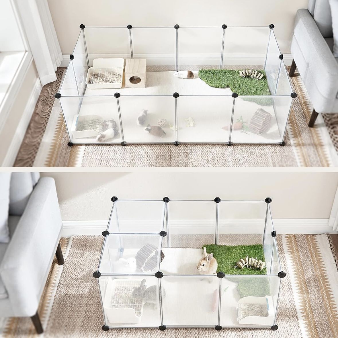 SONGMICS Pet Playpen with Floor, Small Animal Pen, Pet Fence Indoor, DIY Plastic Enclosure for Hamsters, Rabbits, Hedgehogs, Ferrets