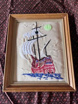 Vintage wood framed embroidery of ship