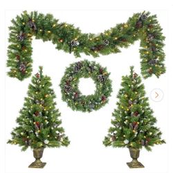4PC Indoor Outdoor Artificial Christmas Tree Set 2 Pre-lit Xmas Trees(4 ft.) 9 ft. Garland and 20" Diameter Wreath Green