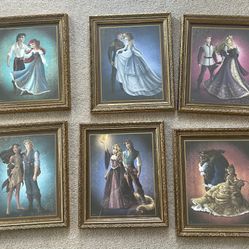 6 DISNEY FAIRYTALE DESIGNER COLLECTION PRINCESS LITHOGRAPH SET WITH FRAMES 