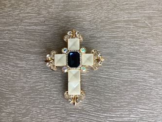 Vintage Cross Brooch W/ Elegant Tassel Detailing , Golden Toned W/ Large Blue Stone, White Rhinestones & Faux Mother of Pearl