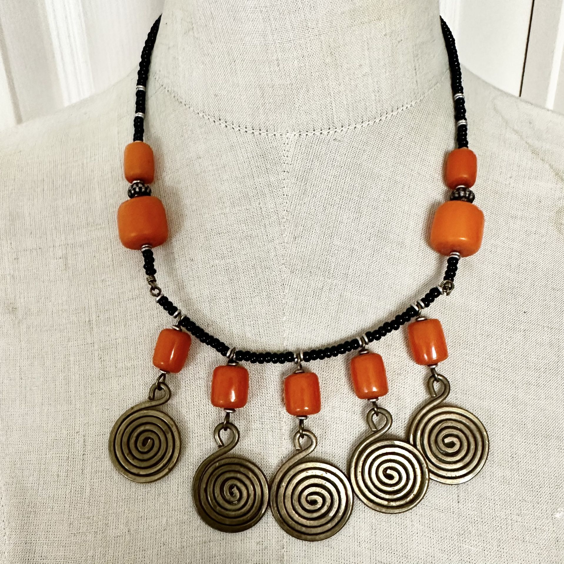 Boho Tribal Style Necklace Orange Resin Beads & Brass Spiral Medallions