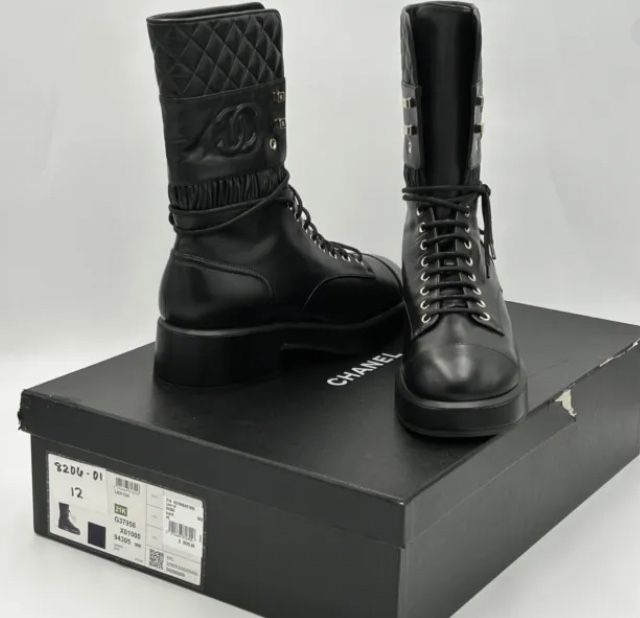 2022 Chanel Lace Up Boots White & Black 37 EUR Fabric & Grosgrain