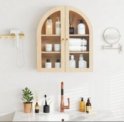 Wall Bathroom Cabinet with Glass Doors, Wood Medicine Cabinet with Adjustable Shelf, Arched Hanging Cabinet for Bathroom, Livingroom, Kitchen (Natural