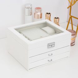 Jewelry Box with Glass Lid Elegant Jewelry Organizer Box for Women Girl Wife 3-Layer and 2 Drawers - Clear Top Earring Holder White Jewelry Organizer 